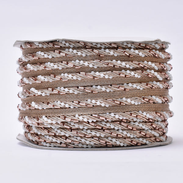 Zari Lace Trim with Tube Beads & White Pearls | Decorative Border for Sarees, Lehengas, Blouses, Kurtas & Crafts, 1cm Width, 9 Meters (SKU- 9896)