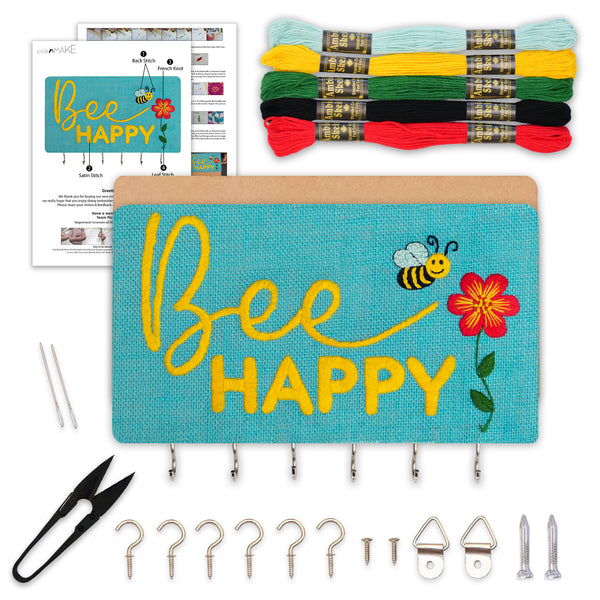 DIY embroidery kit, keychain holder, bee happy design, embroidery craft kit, wall-mounted organizer, personalized key holder, DIY embroidery project, stiff fabric embroidery, MDF panel organizer, key organizer kit, home decor craft, handmade key holder, embroidery project for beginners, wall decor embroidery, creative embroidery kit, functional craft project, craft kits for adults, DIY keychain organizer, embroidery supplies kit, personalized home accessories, embroidery keychain holder, DIY home decor, cus