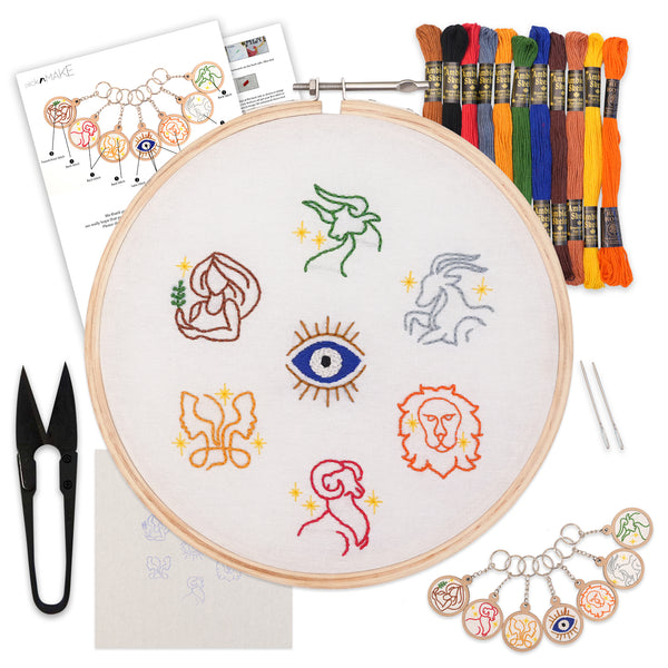 DIY Zodiac Sign Keychain Making Kit – Embroidery Kit for Beginners, Cross Stitch Kit for Astrology Lovers – Includes Threads, Fabric, Hoop, Needles, and Key Loops