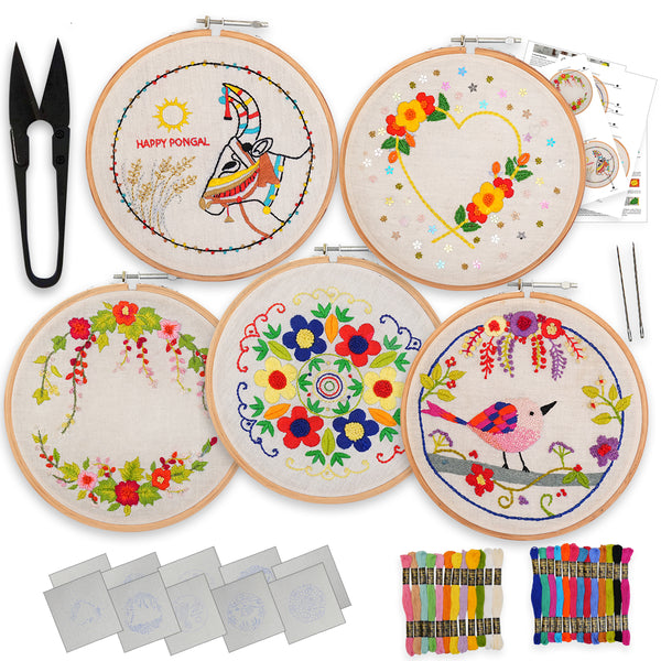 Hand Embroidery Kit Combo | 5 Designs | 10 Printed Fabric | 1 Hoop | 1 Cutter | 2Needle | 25 colors of Cotton Threads Skeins
