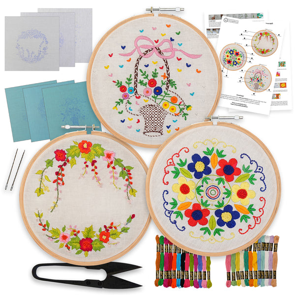 Hand Embroidery Kit Combo | 3 Designs | 6 Printed Farbic & Materials |Hoop Art