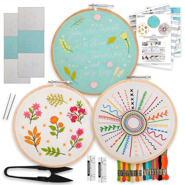 Embroidery DIY Kit Combo (3 New Designs, 8 Tutorial Pages, 6 Printed Fabrics, 18 Threads & All Other Materials Included) (Make 15 Types of Stitches)