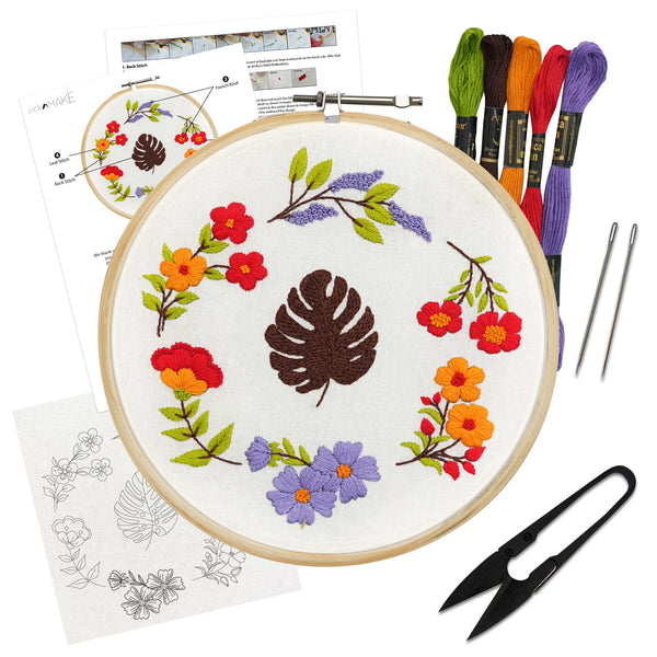 DIY Embroidery Kit for Beginners, Adults & Kids –3 Design Option: Floral, Floral Bouquet & Whimsical Floral – Complete Craft Kit with Embroidery Hoop, Threads, Needles, Fabric, and Instructions