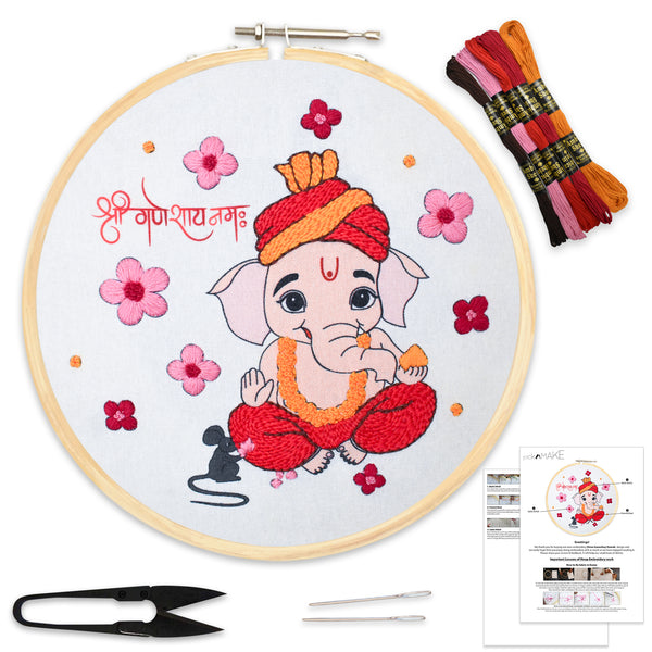 DIY Cross Stitch Beginners Embroidery Kit for Adults & Kids – Shree Ganeshay Namah Design | Complete Starter Embroidery Kit with Fabric, Threads, Needle, Hoop & Instructions | New Hobby Kit