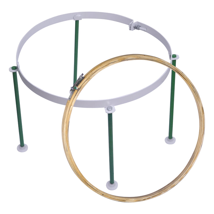 18-inch wooden embroidery hoop with a sturdy iron stand, featuring adjustable screws for secure fabric placement, ideal for embroidery and fabric crafts