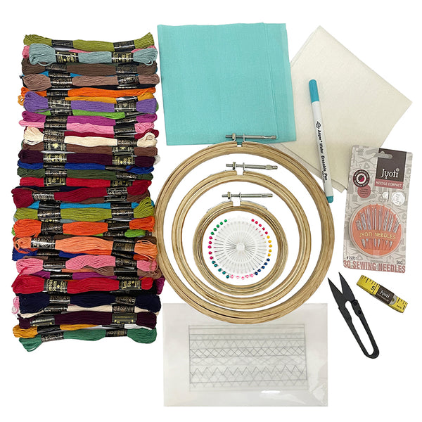 Embroidery Beginners Kit, Do & Learn Cross Stitch Embroidery on 3 Size Hoops With 50 Cotton Threads, Sewing Needle Packet, 2 pcs of  Color Fabric, Head Pin Packet, 4 Styles Pinned Design, Tracing Pen, Inch tape & Cutter