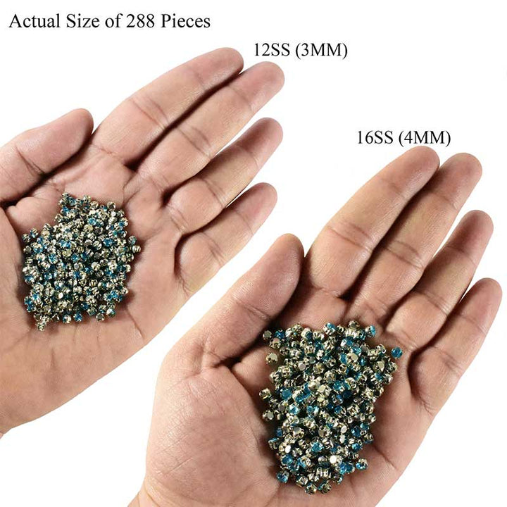 sewing blue crystals