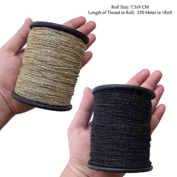 Metallic Glitter Dori Thread Cord for Embroidery & Jewelry Making Combo of Olive and Black Color(2Rolls) 250 Meter of Thread/Roll