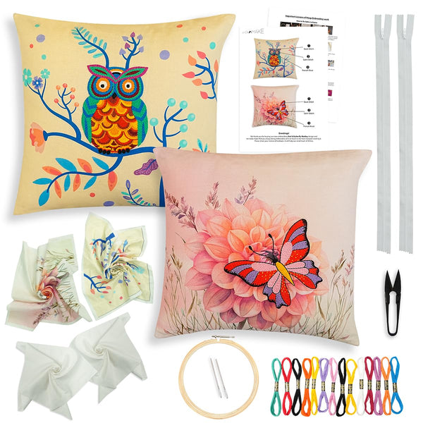 Pack of 2 DIY Cushion Cover Hand Embroidery Kit for Beginners & Adults – Owl & Butterfly Medley | 16"x16" Cross-Stitch Pillow Covers with Digitally Printed Fabric, Threads, Hoop & More