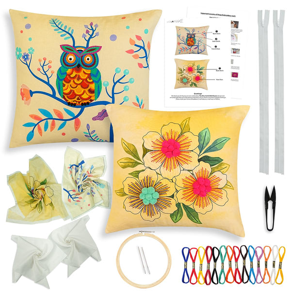 Pack of 2 DIY Cushion Cover Hand Embroidery Kit for Beginners & Adults |Cross-Stitch Pillow Covers with Digitally Printed Designs, Pom-Poms & All Materials Included | 16"x16"