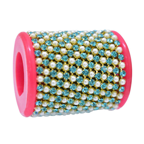 EMB1158 (Cream Pearl & Sky Blue Crystal Cup Chain)-16SS (4MM) Pearl & Crystal Chain-1 Meter