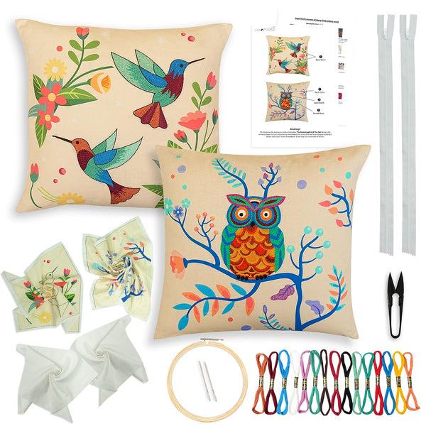 Pack of 2 DIY Cushion Cover Hand Embroidery Kit for Beginners & Adults | Cross-Stitch Pillow Covers with Digitally Printed Designs | Complete Kit with Threads, Needle & Hoop | 16"x16"