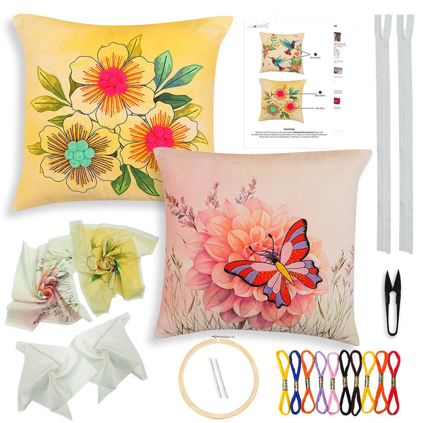 Pack of 2 DIY Cushion Cover Hand Embroidery Kit for Beginners & Adults – Butterfly & Bold Blooms | 16"x16" Cross-Stitch Pillow Covers with Digitally Printed Fabric | Complete Kit