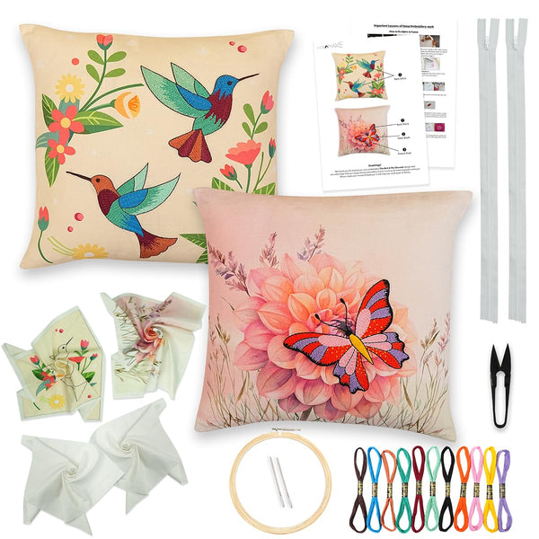 Pack of 2 DIY Cushion Cover Hand Embroidery Kit for Beginners & Adults | 16"x16" Cross-Stitch Pillow Covers with Printed Fabric, Threads, Needle & More | All Materials Included