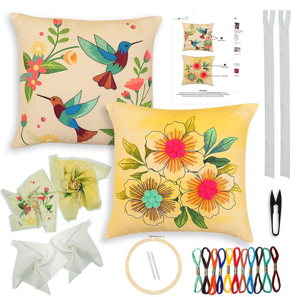 Pack of 2 DIY Cushion Cover Hand Embroidery Kit for Beginners & Adults – Botanical Harmony Set | 16"x16" Cross-Stitch Pillow Covers with Digitally Printed Designs | All Materials Inside