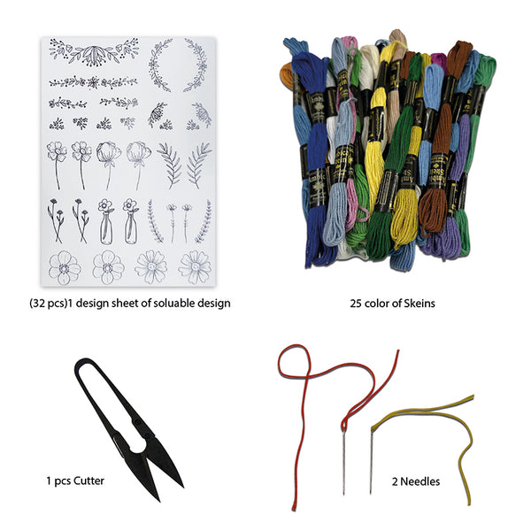 Stick & Stitch Embroidery Design Paper Sheet, Water Soluble Base Embroidery Paper with Pre-Printed Flowers Design, Threads, Needle & Cutter for Hand Sewing (30 Patterns)