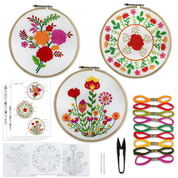 Combo of 3 DIY Hand Embroidery Kits for Beginners | Printed Floral Patterns with Hoop, Threads, Needles, Cutter & Instruction Sheet | Cross Stitch & Needlework Craft Kit for Adults & Kids