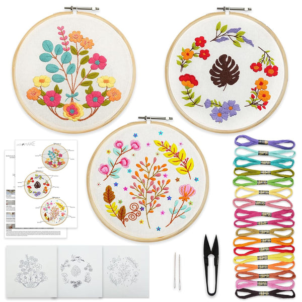 Combo of 3 DIY Floral Hand Embroidery Kits for Beginners | Printed Fabric with Hoop, Threads, Needles & Tools | Cross Stitch Kit for Adults & Kids | Easy Needlework Craft Kit with Instructions