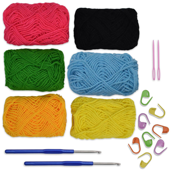 Crochet Kit for Beginners with Wool Yarn, Crochet Hooks, Stitch Markers & Needles – DIY Learn to Crochet Set for Adults & Kids, Starter Craft Kit with All Supplies