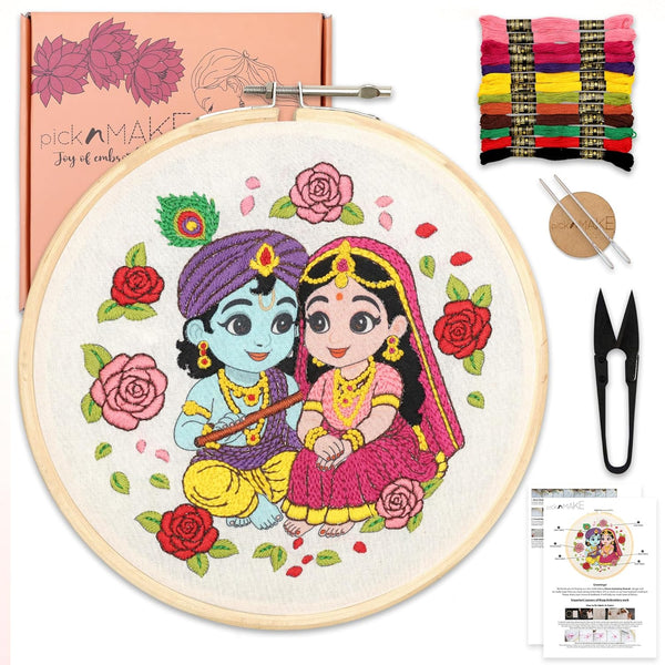 Radha Krishna Embroidery Kit for Beginners & Adults | DIY Hand Embroidery Starter Kit with Hoop, Threads, Needles, Printed Fabric & Instructions | Craft Sewing Kit for Home Décor & Gifts