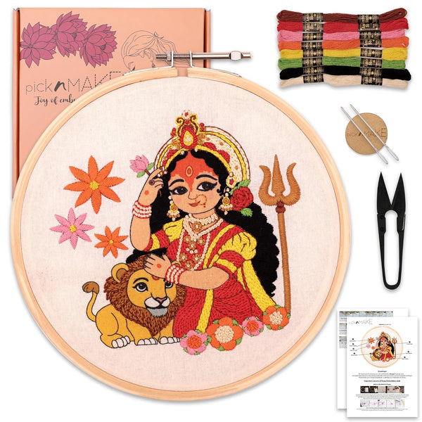 Goddess Durga Embroidery Kit for Beginners & Adults | DIY Hand Embroidery Starter Kit with Hoop, Threads, Needles, Fabric & Instructions | Craft Kit for Navratri, Diwali, Gift & Home Décor