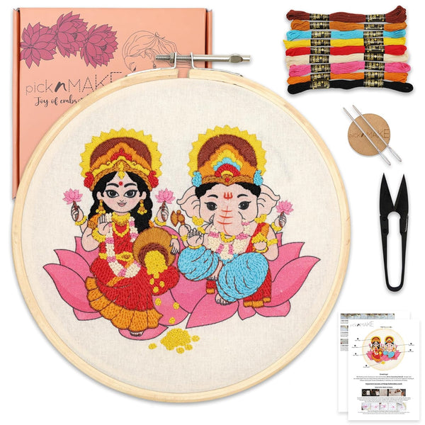Embroidery Kit for Beginners & Adults  featuring Goddess Lakshmi and Lord Ganesha Design  | DIY Hand Embroidery Starter Kit with Hoop, Threads, Needle, Fabric | Craft Kit for Home Décor