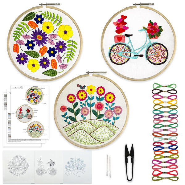 Combo of 3 DIY Hand Embroidery Kits for Beginners |Flower & Bicycle Patterns Printed Fabric with Hoop, Needles, Cutter & Threads | Cross Stitch Kit with Instruction Sheet