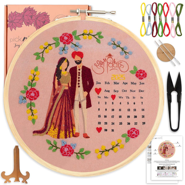 DIY Hand Embroidery Kit | Wedding Calendar Hoop Art in 3 Designs – Shubh Vivah & Mandap Ceremony | Personalized Gift Craft for Beginners, Adults & Kids