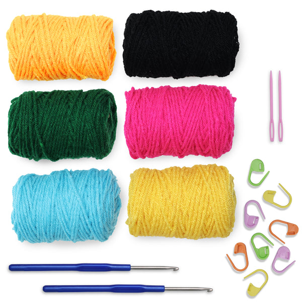 Crochet Kit for Beginners with Wool Yarn, Crochet Hooks, Stitch Markers & Needles – DIY Learn to Crochet Set for Adults & Kids, Starter Craft Kit with All Supplies
