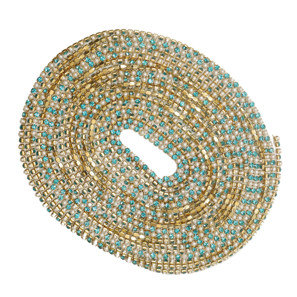 EMB1158 (Cream Pearl & Sky Blue Crystal Cup Chain)-16SS (4MM) Pearl & Crystal Chain-1 Meter