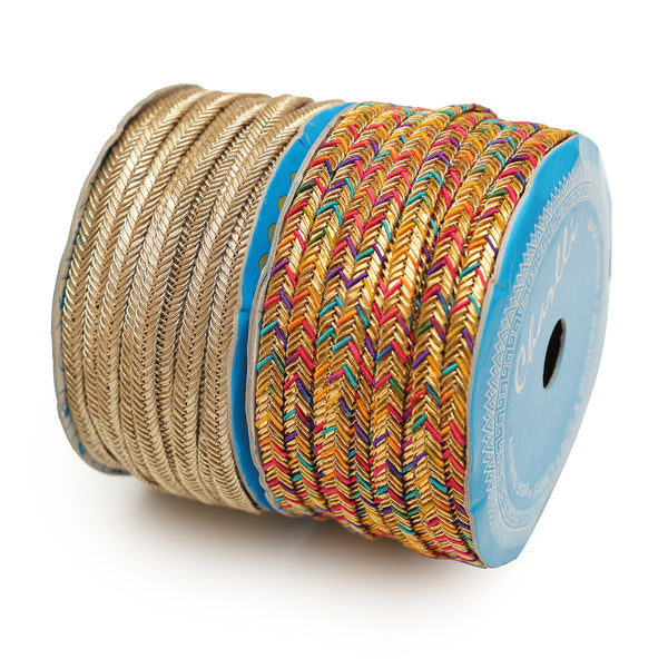 Zari Border Lace Trims Combo In Multi & Beige Gold Colors For Sarees, Dupata & Blouses Length 34Mtr Width 6MM (2 Rolls)