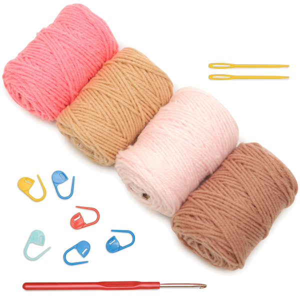 Complete Crochet Kit for Beginners – DIY Crochet Kit with 4 Wool Rolls, Crochet Needle, Plastic Needles, Stitch Markers & Tools – Perfect Crochet Kit for Kids & Adults