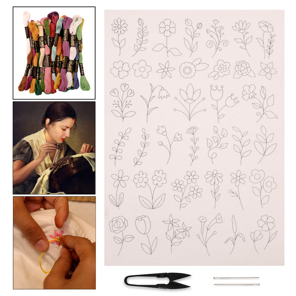 Hand Embroidery Patches Kit - Floral Designs with Water Soluble Transfer Paper & Complete Supply Set