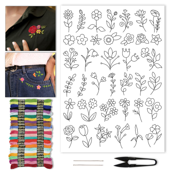 Hand Embroidery Patches Kit - Floral Designs with Water Soluble Transfer Paper & Complete Supply Set