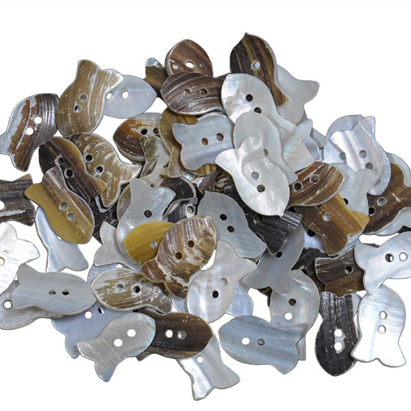 White and Brown Color Fish Shape Double Hole MOP Button-72 Pieces