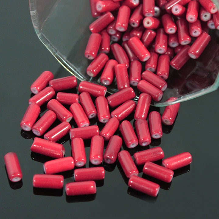 Cranberry Red Color Tube Shape Ceramic Beads