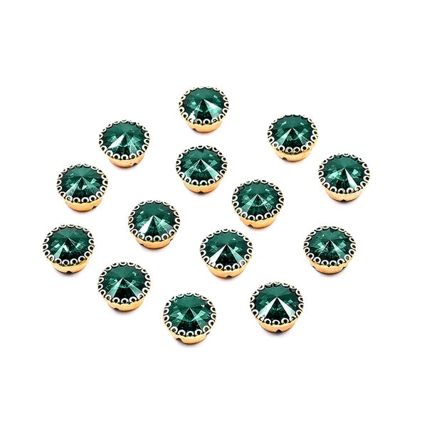 Sew On Emerald Green Round Rivoli Rhinestones in Flower Claw Setting 15 Pcs