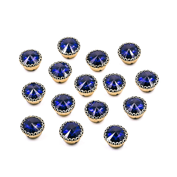 Sew On Navy Blue Round Rivoli Rhinestones in Flower Claw Setting 15 Pcs