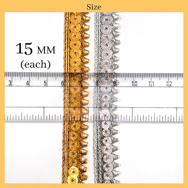 Combo of Gold & Silver Shiny Sequence Sitara Zari Gotta Lace for Saree Border, Blouse, Dupatta Border, Lehenga, Kurti etc (18 Meters/Roll, 15mm Wide)