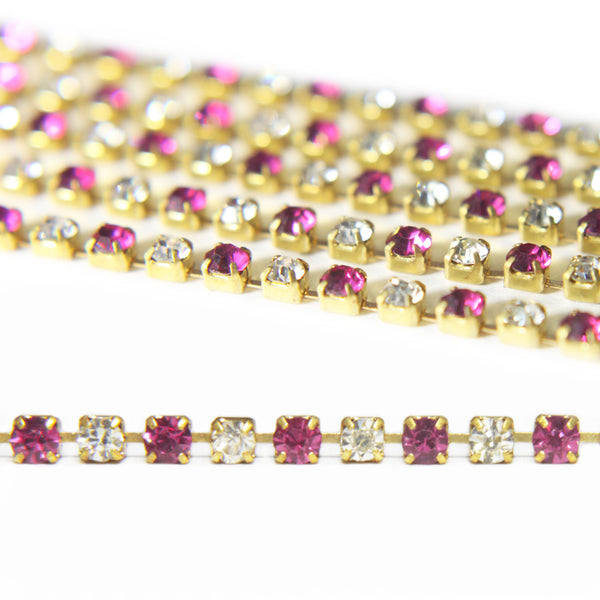 EMB1166 (Single Crystal repeated in Fuchsia Rose & Silver Colour Cup Chain)