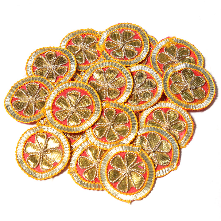 Gota flower patches
Ethnic appliques
Dress embellishments
Headpiece decorations
Fabric accessories
Gold and Red patches
Traditional embroidery
DIY fashion crafts
Indian ethnic style
Sew-on floral patches
Costume embellishments
Handmade dress de