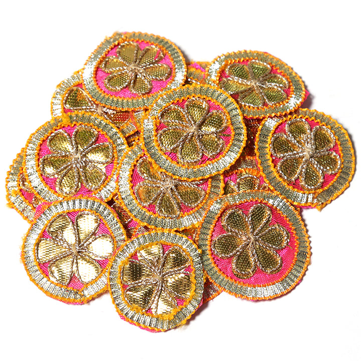 Gota flower patches
Ethnic appliques
Dress embellishments
Headpiece decorations
Fabric accessories
Gold and Magenta patches
Traditional embroidery
DIY fashion crafts
Indian ethnic style
Sew-on floral patches
Costume embellishments
Handmade dres