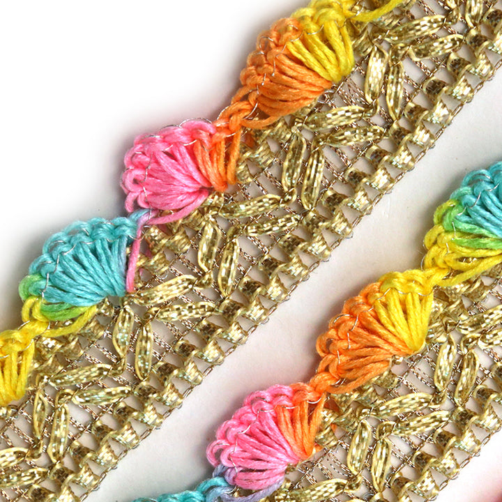 multicolor gota lace trims, gold gota lace trims, gota patti trims, Gota borders, gota flower trims, flower design laces, fancy laces, dupatta laces, blouse laces, wholesale laces, lace trims, bunting trim, indian trims, thin gota laces  