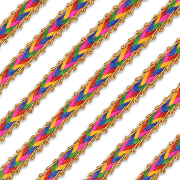 1CM Wide Colorful Braided Threads with Golden Zari Laces and Borders Material for Suits, Sarees, Lehenga, Dupatta, Craft, Sewing, Blouse, Designing (2 Rolls, 16 Meters/Roll)