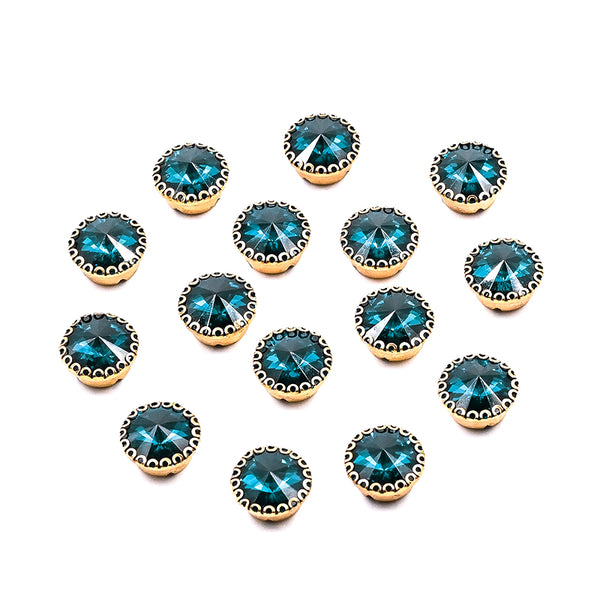 Sew On Ruby Blue Round Rivoli Rhinestones in Flower Claw Setting 15 Pcs