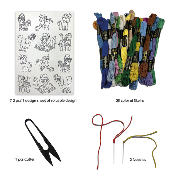 Water Soluble Paper for Embroidery with Pre-Printed Multiple Designs including Threads, Needle & Cutter for Hand Sewing (12 Patterns of Unicorn)