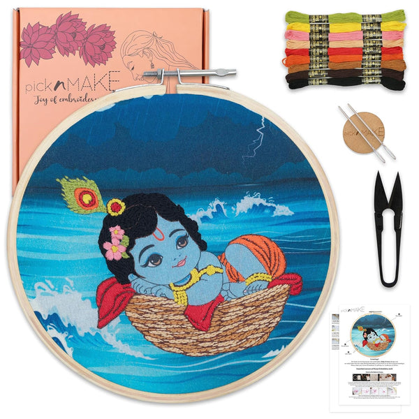 Baby Krishna Embroidery Kit for Beginners & Adults | DIY Hand Embroidery Starter Kit with Hoop, Threads, Needles, Fabric & Instructions | Craft Kit for Wall Art, Gift & Festival Décor